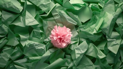 Uniqueness concept illustrated by pink paper in a sea of green sheets