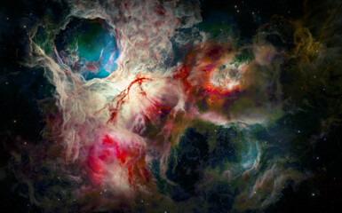 Nebula in outer space, planets and galaxy, 3d animation