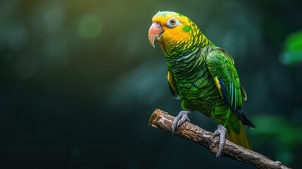 Portrait photography of Double Yellow-headed Amazon bird catch standing on wood stick , studio shot isolated on single color background ,editorial style, shoot by DSLR .