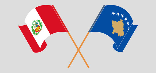 Crossed and waving flags of Peru and Kosovo