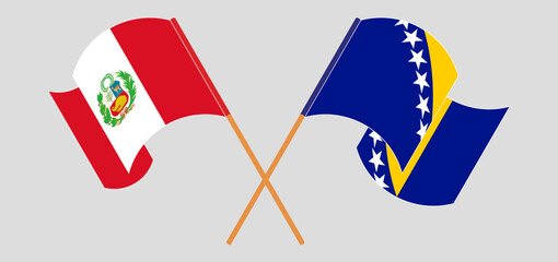 Crossed and waving flags of Peru and Bosnia and Herzegovina