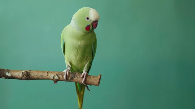 Portrait photography of Indian Ringneck Parakeet bird catch standing on wood stick , studio shot isolated on single color background ,editorial style, shoot by DSLR .
