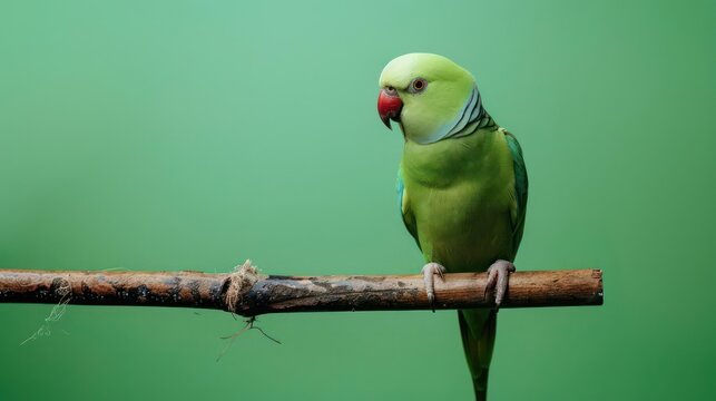 Portrait photography of Indian Ringneck Parakeet bird catch standing on wood stick , studio shot isolated on single color background ,editorial style, shoot by DSLR .