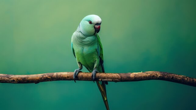 Portrait photography of Indian Ringneck Parakeet bird catch standing on wood stick , studio shot isolated on single color background ,editorial style, shoot by DSLR .