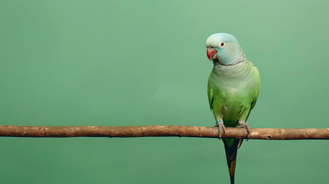 Portrait photography of Indian Ringneck Parakeet bird catch standing on wood stick , studio shot isolated on single color background ,editorial style, shoot by DSLR .