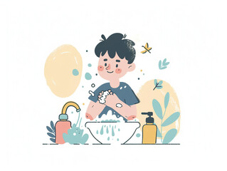 Fototapeta premium Child washes his hands illustration art, AI generated