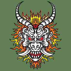 tattoo and t-shirt design colored hand drawn oni or hannya mask japanese illustration vector	