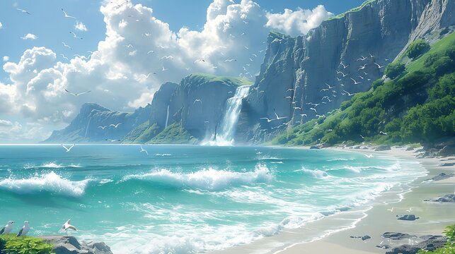 Panoramic view of a coastal cliff with waves breaking below seagulls flying above in a clear sky