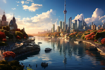 Fototapeta premium A cityscape with skyscrapers surrounded by green parks and water.