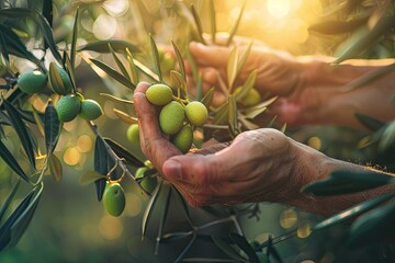farmer's hands picking green olives from a branch in an olive plantation, warm light, selective focus