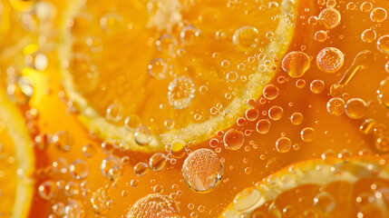 Freeze motion Orange slice with sparkling water drops. Top view, close-up.