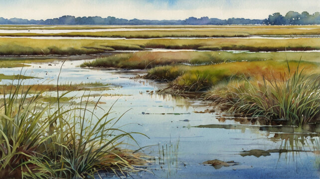 Watercolor painting: A vibrant salt marsh, with cordgrass swaying in the breeze, fiddler crabs scuttling, and wading birds foraging,