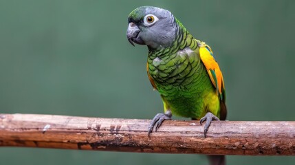 Obraz premium Portrait photography of Senegal Parrot bird catch standing on wood stick , studio shot isolated on single color background ,editorial style, shoot by DSLR .