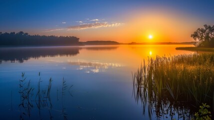 Obraz premium Serene Sunrise Over a Calm Lake With Lush Green Reeds in the Foreground