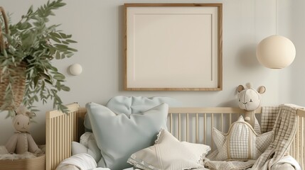 An empty square wooden frame above baby bed, kids room pastel colors.