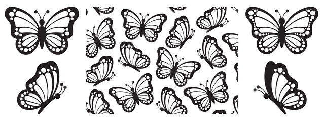 Butterfly insect, black and white wings, organic shapes.Aesthetic, tattoo silhouette, hand drawn stickers. Vector graphic in trendy style. Baby shower design elements. Party invitation, birthday  