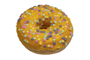 donut with orange frosty and sprinkles on top, isolated transparent background, png
