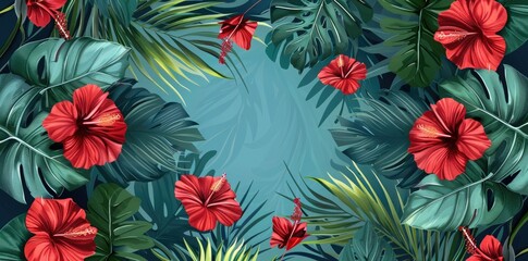 Exotic 3D wallpaper adorned with tropical floral motifs in vibrant hues of tangerine and jade 3D High Decoration