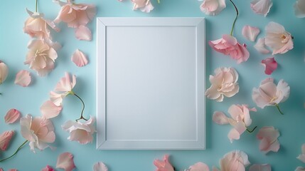 Obraz premium A vintage-inspired creative white frame with colorful pastel petals as background.