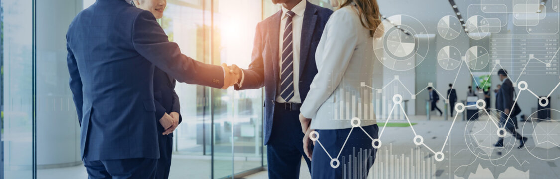 Multinational business people shaking hands and business data concept