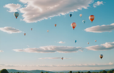 Colorful clouds, light white and light blue hot air balloons, romantic scenes