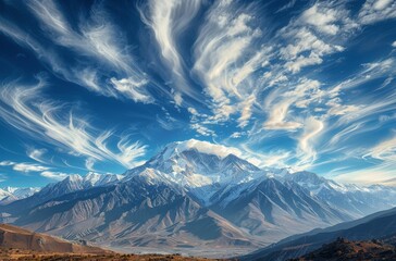 Fototapeta premium Majestic Mountain Peak With Swirling Clouds in the Himalayas