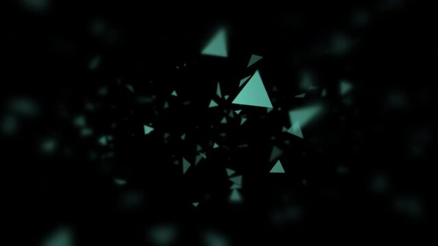 A dark, enigmatic image featuring scattered green-triangle formations suspended in mid-air against a black backdrop, emitting an eerie glow