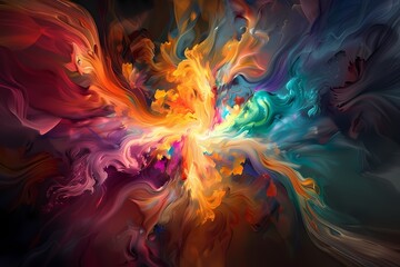 Vibrant Abstract Digital Artwork with Dynamic Explosion of Colors and Fluid Shapes Against Dark Background - Energetic and Fiery Composition