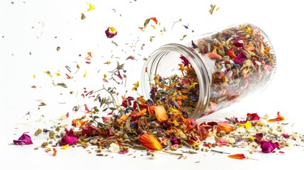 Natural potpourri overflowing from glass container onto white background - obrazy, fototapety, plakaty