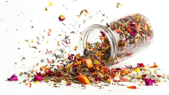Natural potpourri overflowing from glass container onto white background