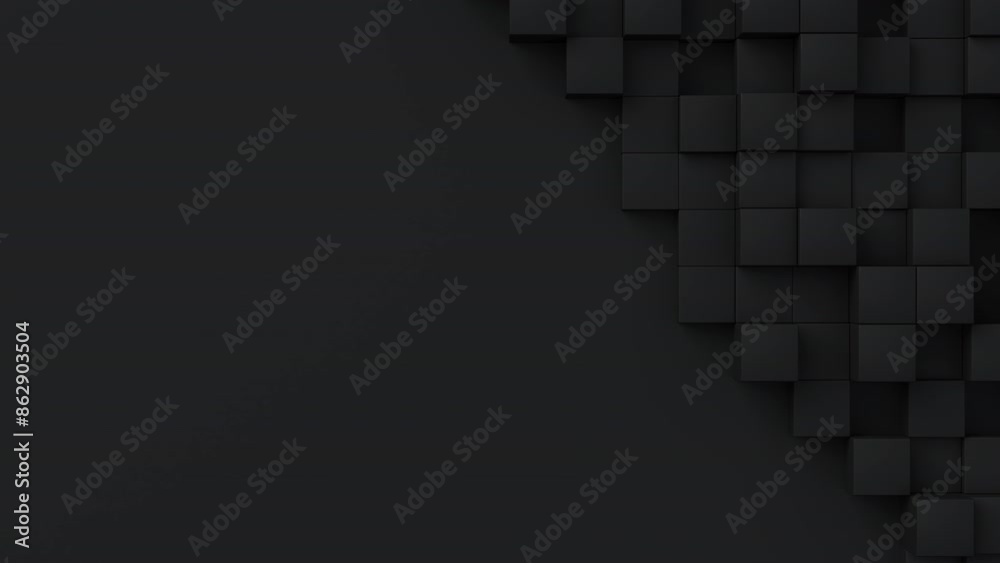Aufkleber Black cubes with random size move and grow loop. A place for text on the left. Abstract 3d render geometrical concept background