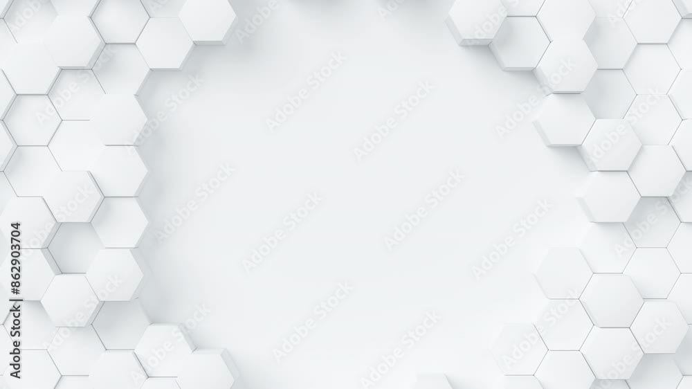 Aufkleber White hexagons with random size move and grow loop. A place for text on the left. Abstract 3d render geometrical concept background.