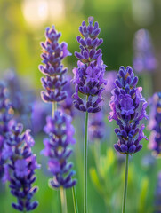 Close-up of blooming purple lavender flowers in sunlight