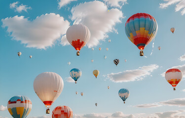 Fototapeta premium Colorful clouds, light white and light blue hot air balloons, romantic scenes