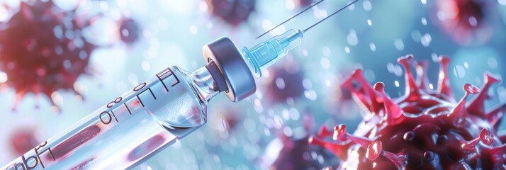 Horizontal banner. National Immunization Awareness Month. Immunization and vaccination. Syringe with vaccine surrounded by viruses. Free space for text