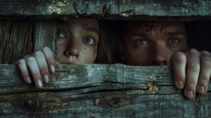 Curious Couple Peeking Through Wooden Roof in Mysterious Setting