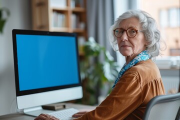 Digital mockup over a shoulder of a middle-aged woman in front of a computer with a completely blue screen