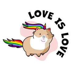 Cute cat unicorn in rainbow colors and text Love is love. LGBT icon, sticker. Vector LGBT community illustration. Pride month sticker.