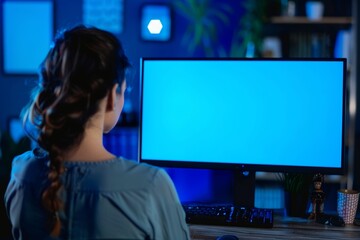 Digital mockup over a shoulder of a middle-aged woman in front of a computer with a completely blue screen