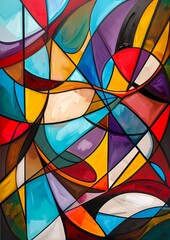 Fototapeta premium Abstract Painting of Colorful Shapes and Lines - Vibrant Art, Mosaic Design, Stained Glass Texture