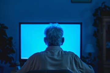 Device screen seen from a shoulder of a senior citizen man in front of a computer with a completely blue screen