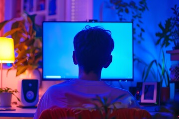 Digital mockup over a shoulder of a teen boy in front of a computer with a fully blue screen