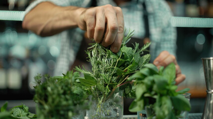 Bartender garnishing a cocktail with fresh herbs