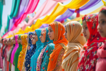 Fototapeta premium Young muslim women together during prayer Ramadan Mubarak colorful festival in india.