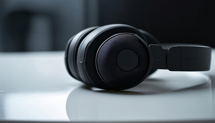 A black headset in the foreground on a white laminate table, positioned on the right against a dark, diffuse background, with empty space on the left for text.