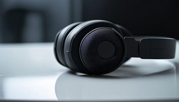 A black headset in the foreground on a white laminate table, positioned on the right against a dark, diffuse background, with empty space on the left for text.