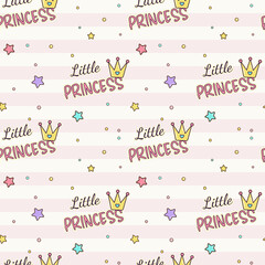 Cute baby and little princess design. Cartoon background with text little princess. Seamless pattern with lettering.