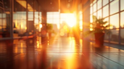 Obraz premium Empty modern office interior with large windows and sunset view. Concept of work life balance, corporate environment, and urban workspace.