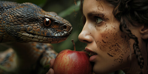 Adam and Eve are about to take the first bite of an apple in the garden of Eden. The snake or devil is nearby tempting  them