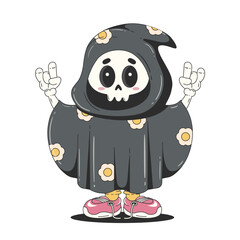 Cute Death cartoon character. Halloween illustration in trendy retro groovy style